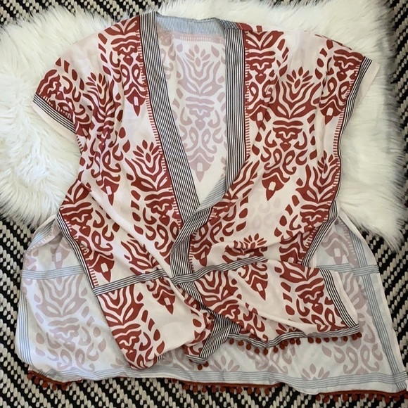 Swim cover up ball fringe rust cream and black color kimono, robe - Picture 2 of 6